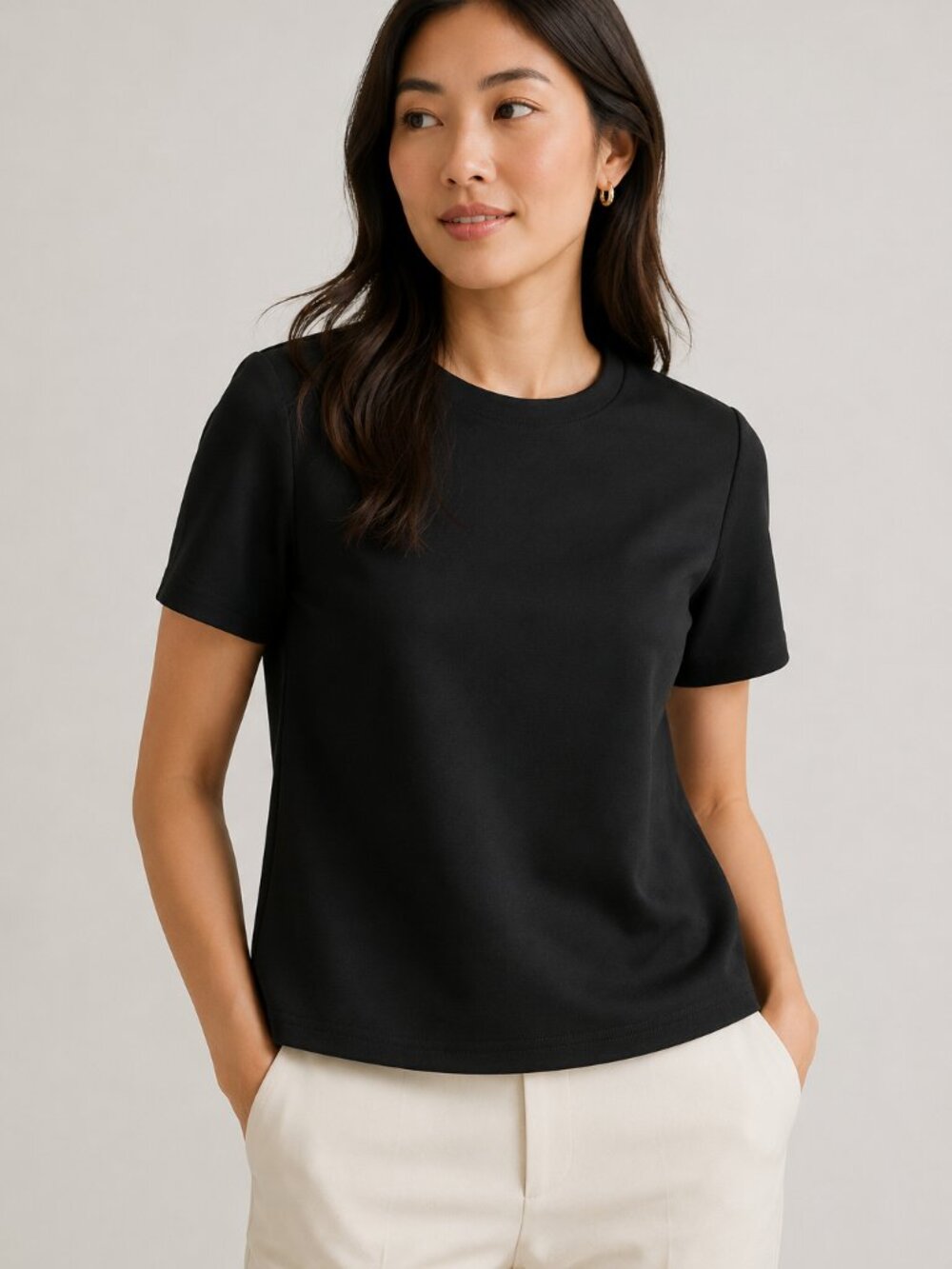 P. Cill Ponte Knit Top XS Black Minimalist Structured Short Sleeve Stretch
